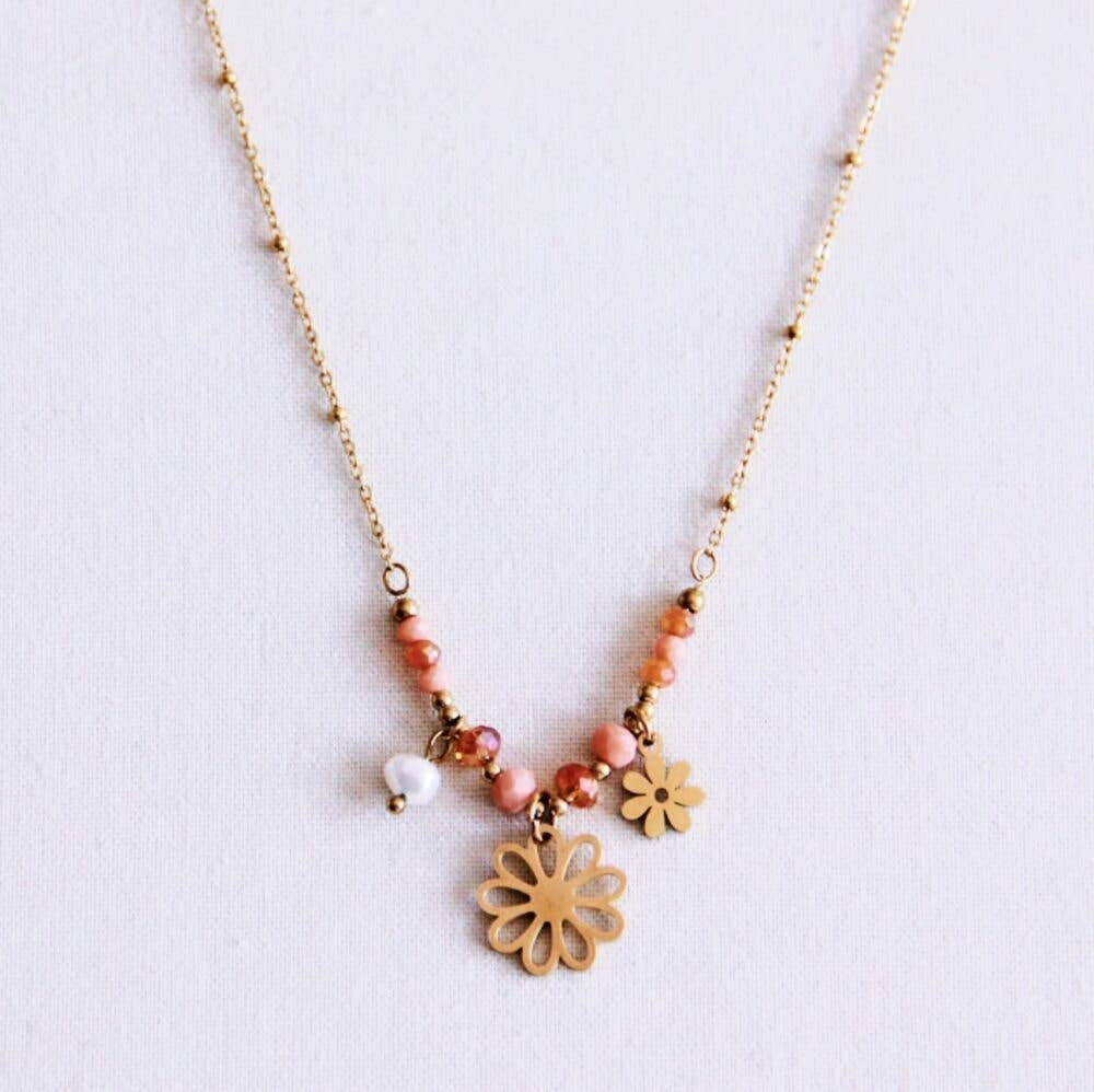 Zarte Charm-Kette mit Facetten, Blume und Perlen – Nude