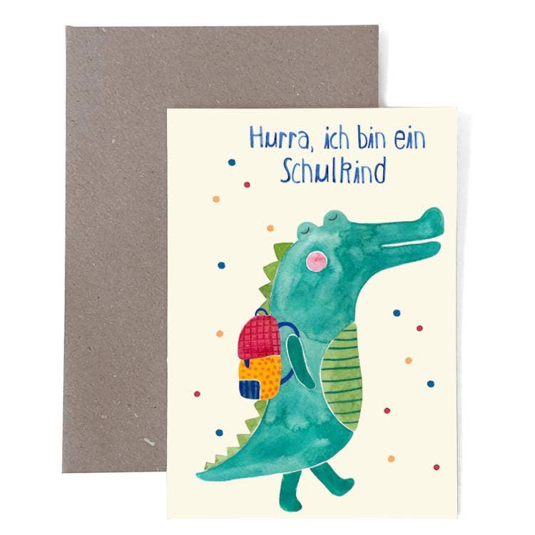 Grusskarte zur Einschulung *Schulkind* mit Krokodil
