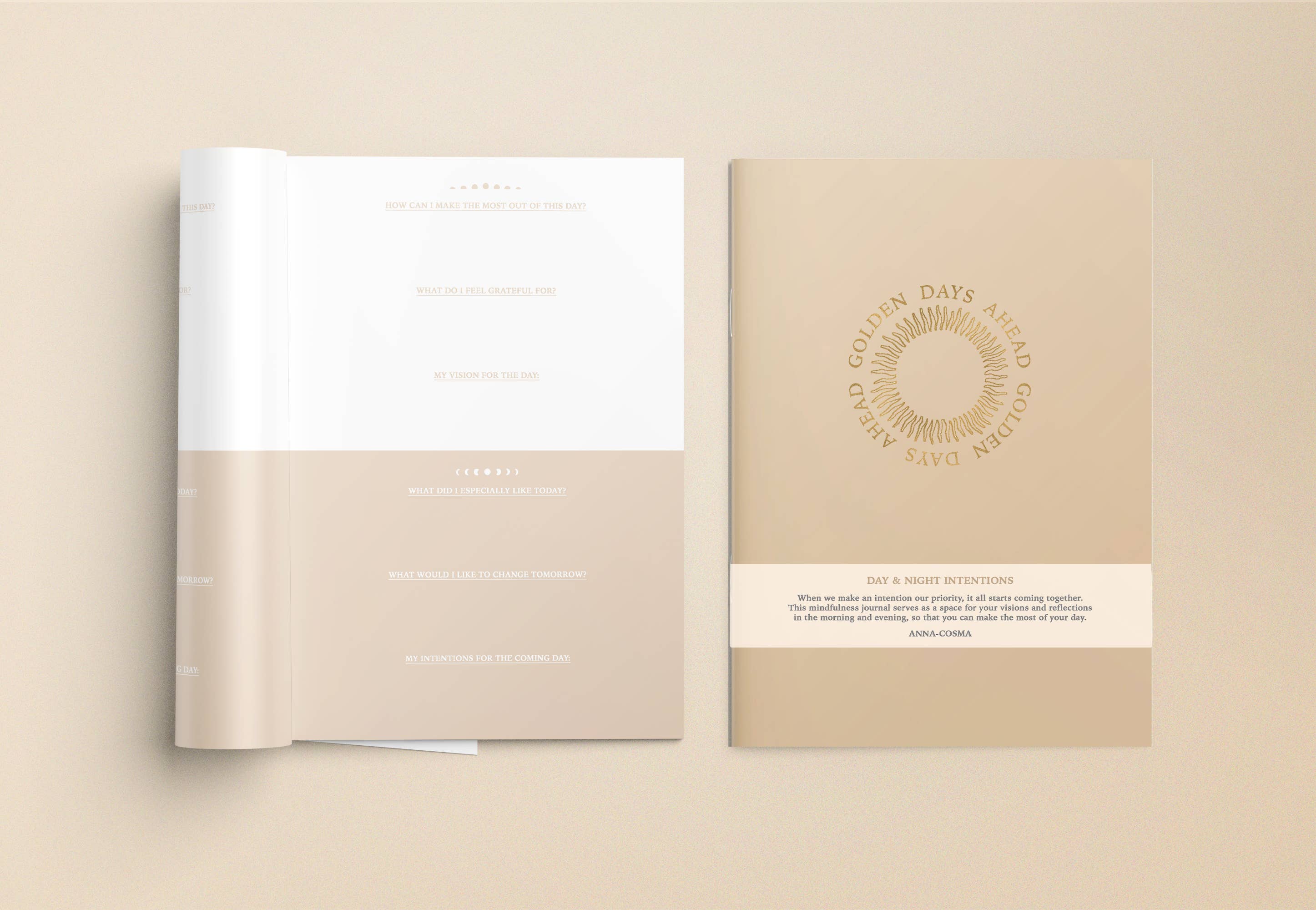 NOTIZBUCH, MOTIV „GOLDEN DAYS AHEAD“, MOTIV TAG UND NACHT, BEIGE