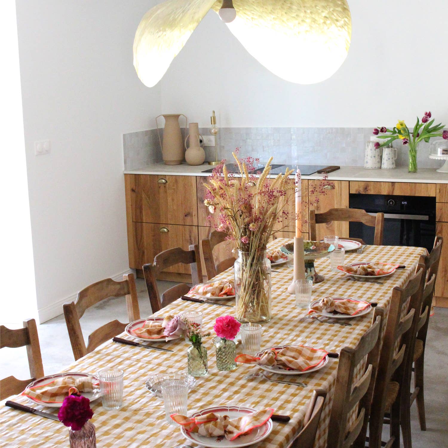 Bestickte Vichy-Karotischdecke für Festtafel: Senf